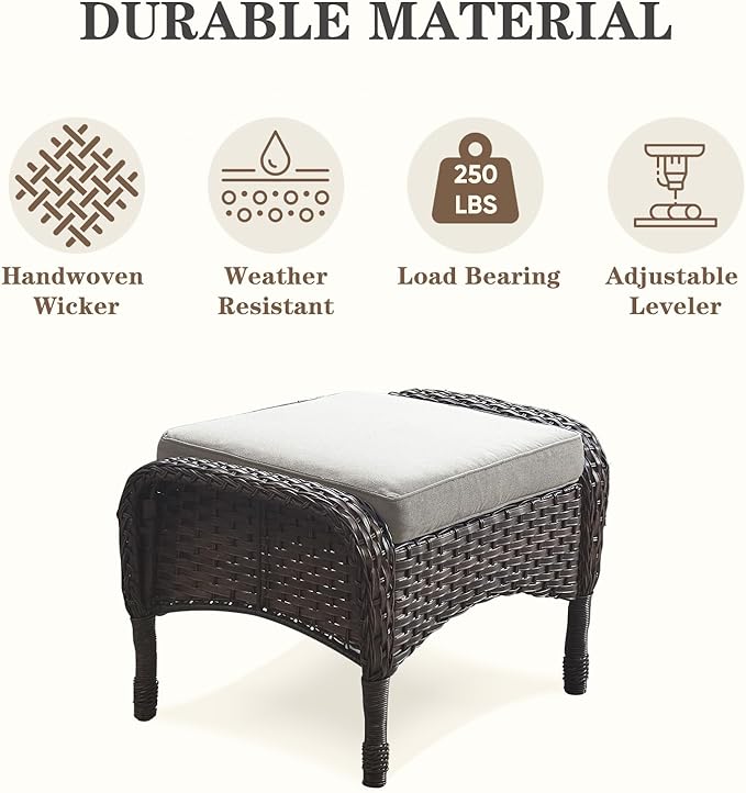 Belord Outdoor Ottomans for Patio Foot Rest - 25 Inch PE Wicker Foot Stool Set of 2 with Removable Cushions for Patio Furniture Sets,All Weather Rattan Ottoman for Balcony Deck Brown