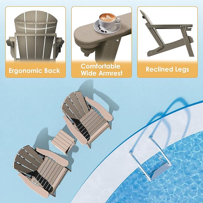 IVY&LANE Folding-Adirondack-Chair | HDPE Plastic | Wood Grain | Outdoor Fire Pit Chairs with Cup Holder | Poly | Weather Resistant | for Patio Deck Poolside Garden Beach