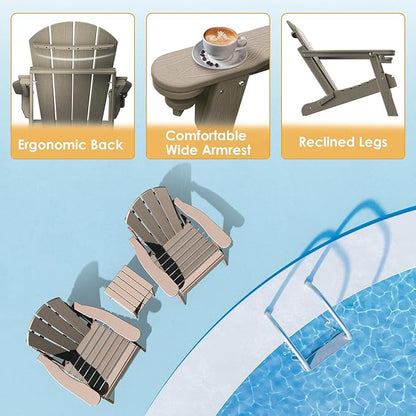 IVY&LANE Folding-Adirondack-Chair-Set-of-2 | HDPE Plastic | Wood Grain | Outdoor Fire Pit Chair with Cup Holder | Poly | Weather Resistant | for Patio Deck Poolside Garden Beach