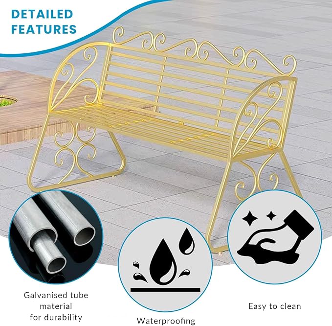 2-Seat Patio Porch Bench 45"，Outdoor Metal Garden Bench，Weather Proof Porch Path Chair，Patio Bench with Backrest and Armrests，Patio Bench for Lawn Path Yard Decor Deck Furniture(Gold)