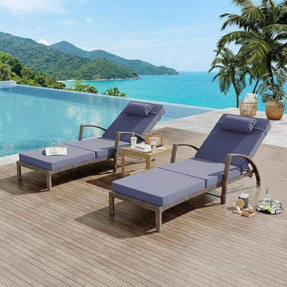 Outdoor Chaise Lounge Set of 2, 5-Position Adjustable PE Wicker Reclining Chairs with Wheels & 3.5" Cushions, 400 lbs Capacity All-Weather Patio Furniture for Poolside, Garden, Beach(Blue)