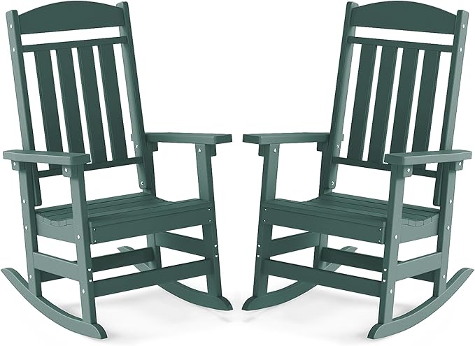 FOOWIN Outdoor Rocking Chair Set of 2, High Back Patio Rocking Chair, HDPE All Weather Resistant Porch Rocker for Adult, Oversized Rocking Chairs for Garden, Lawn, Indoor & Outdoor Use, Dark Green