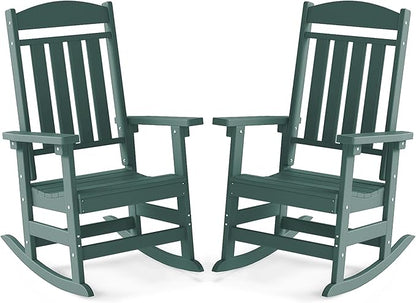 FOOWIN Outdoor Rocking Chair Set of 2, High Back Patio Rocking Chair, HDPE All Weather Resistant Porch Rocker for Adult, Oversized Rocking Chairs for Garden, Lawn, Indoor & Outdoor Use, Dark Green