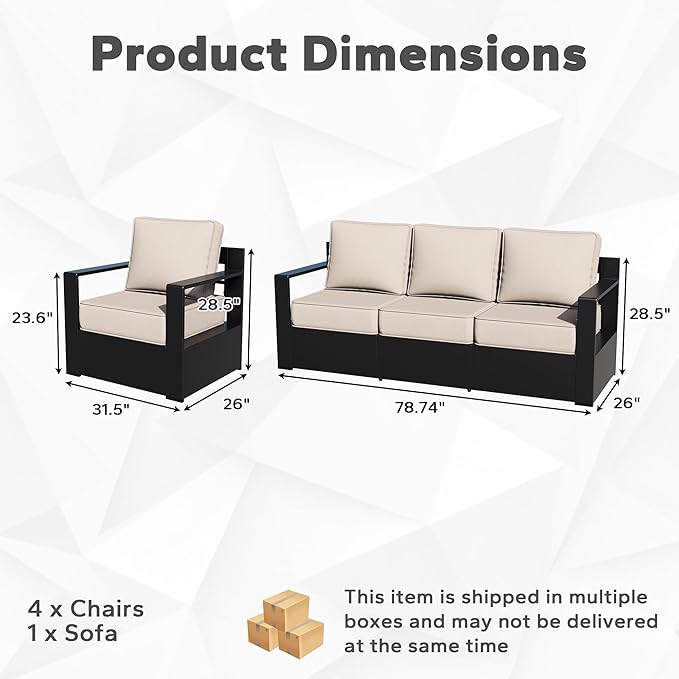 Outdoor Aluminum Furniture Set, 5-Piece Patio Conversation Set, 4 Chairs and 1 Sofa, All-Weather Metal Frame - Photo 2