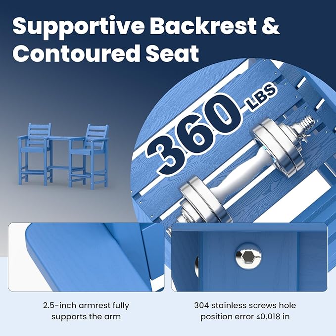 PLUUV Tall Adirondack Chairs Set of 2, All Weather HDPE Poly Bar Height Balcony Adirondack Chair with Removable Double Connecting Trays, Outdoor Adirondack Barstools for Deck, Patio, Yard, Pool, Lawn