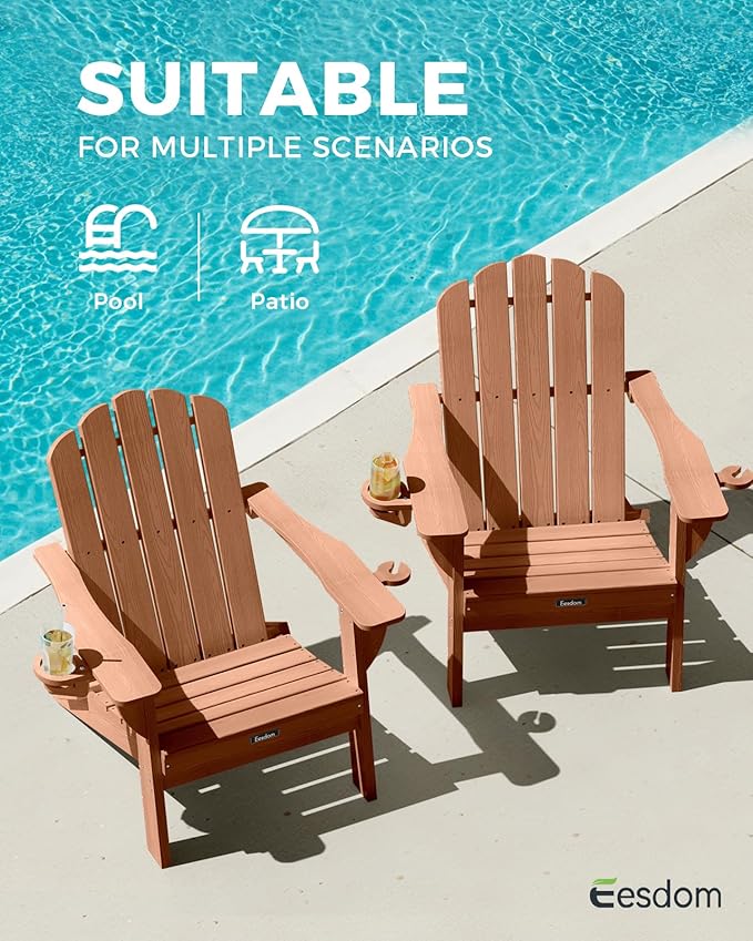 Adirondack Chairs Set of 6, Fire Pit Chairs, Wood Texture Patio Chairs with 2 Cup Holder, Outdoor Lawn Chair, Teak - Photo 9