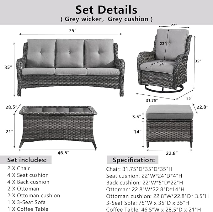 Belord Wicker Outdoor Furniture Patio Furniture Set - 6 Piece Patio Conversation Set with Swivel Rocker Chairs - Photo 6