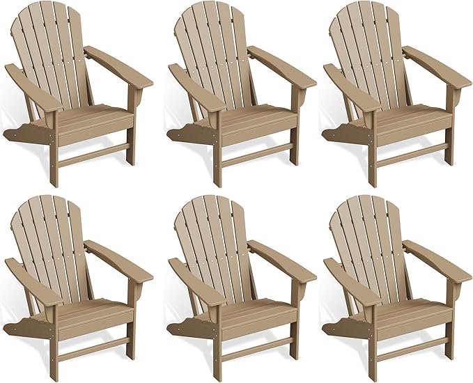 Poly Lumber Adirondack Chair Set of 6, HDPE All-Weather Resistant Outdoor Patio Chairs, Pre-Assembled Outdoor Fire Pit Chair for Pool, Deck, Backyard, Garden, Weather Wood
