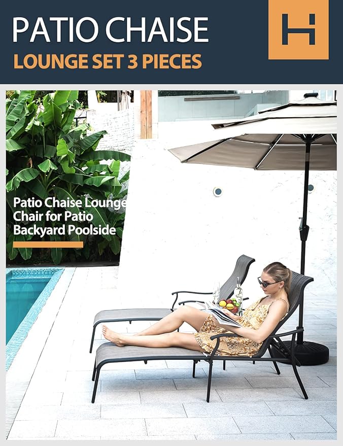 HAPPATIO Patio Chaise Lounge Set 3 Pieces, Patio Lounge Chair with Glass Coffee Table - Photo 2