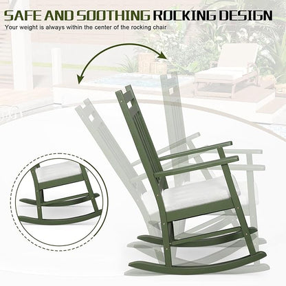 Outvita Outdoor Rocking Chair, Solid Wood High Back Rocker, All Weather Lounge Chair with Padded Cushions for Porch Patio Fire Pit Garden Backyard Deck Indoor, Green