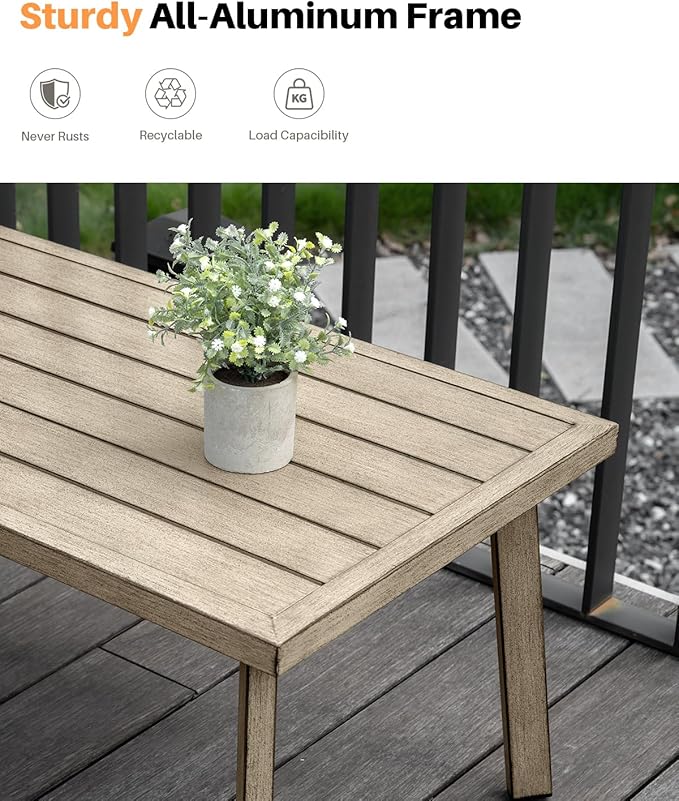 Patio Coffee Table, Never-Rust Aluminum Outdoor Coffee Table with Wood Grain Texture, Modern Rectangle Garden Coffee Table with Slatted Tabletop for Poolside, Decks, Indoor, Balcony, Gray Oak | Never-Rust, Wood Grain Texture, Slatted Tabletop