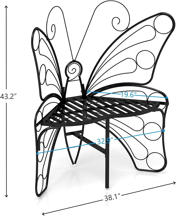 Cute Butterfly Bench Outdoor, Metal Garden Benches for Outdoors Patio Yard Lawn Balcony, Sturdy Frame (38 inch)
