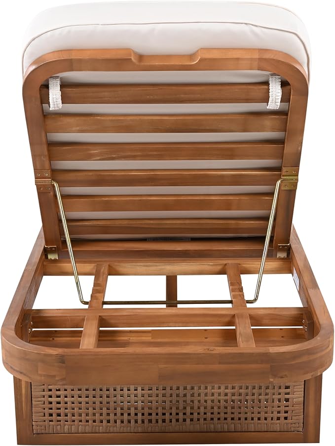 Christopher Knight Home Zusua Acacia Wood Patio Chaise Lounge with Cushion, Outdoor Patio Sun Lounger Recliner Chair, Adjustable Backrest Single Lounge Sofa with PE Rattan Accent, Natural+White
