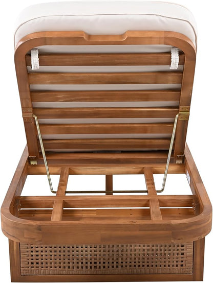 Christopher Knight Home Zusua Acacia Wood Patio Chaise Lounge with Cushion, Outdoor Patio Sun Lounger Recliner Chair, Adjustable Backrest Single Lounge Sofa with PE Rattan Accent, Natural+White