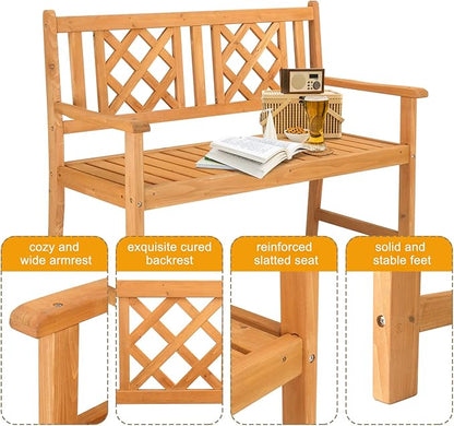 Outdoor Wood Garden Bench, 2-Person Patio Bench, Patio Garden Bench for Porch, Lawn, Balcony and Backyard, Outside Loveseat, Park Bench for Outdoors, Porch, Balcony 118 x 53 x 90CM