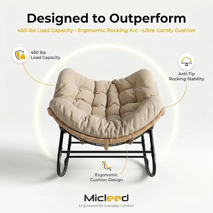 Oversized Papasan Rocking Chair Outdoor, Comfy Patio Papasan Egg Rocker with Thick Cushion for 450 lbs - Photo 6