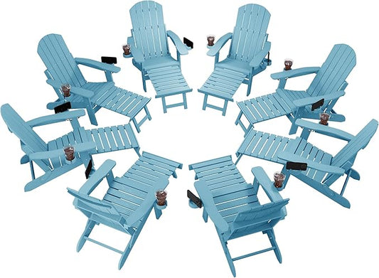 YEFU Adjustable Adirondack Chair with Retractable Ottoman Set of 8,Folding Adirondack Chair with 2 Cup-Holders, Outdoor Chairs with Footrest,Weather Resistant Fire Pit Chairs,for Patio Lawn(Blue)