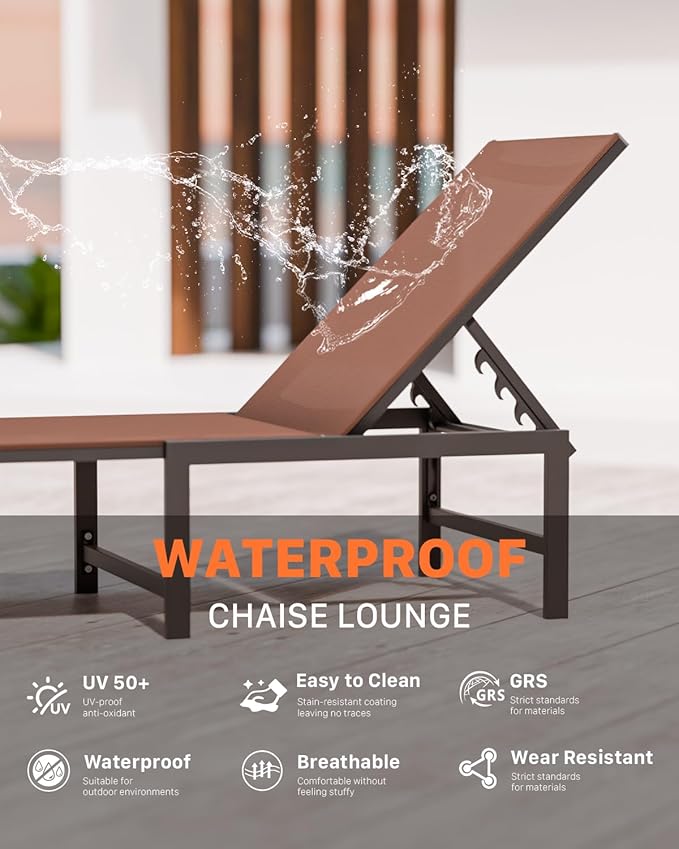 Chaise Lounge Chair Outdoor, Aluminum PatioChairs with 5 Adjustable Backrest and HeadrestPillows for Outside Beach，Brown