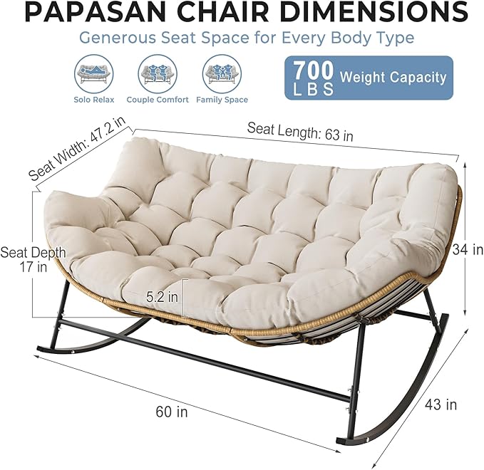 SWITTE Oversized Double Rocking Papasan Chair, Outdoor Wicker Egg Loveseat with Thick Cushion - Photo 2