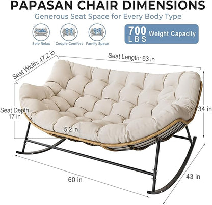 SWITTE Oversized Double Rocking Papasan Chair, Outdoor Wicker Egg Loveseat with Thick Cushion, 700 lbs Heavy Duty 2 Person Patio Lounge Rocker for Balcony, Porch, Indoor Bedroom, Cream
