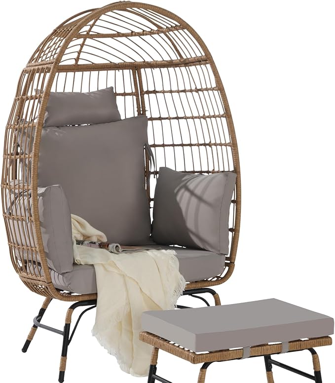 Oversized Wicker Egg Chair with Ottoman, Rattan Patio Egg Chair with Stand and Thick Cushions, Indoor Outdoor Lounge Chair for Backyard, Balcony, Living Room, Light Gray ＋Ottoman