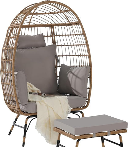 Oversized Wicker Egg Chair with Ottoman, Rattan Patio Egg Chair with Stand and Thick Cushions, Indoor Outdoor Lounge Chair for Backyard, Balcony, Living Room, Light Gray ＋Ottoman