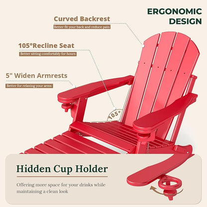 BRIOPAWS Adirondack-Chair-with-Pull-Out-Footrest | Folding | HDPE Plastic | Fire Pit Chairs | All Weather | Cup Holders | Curved Back | Retractable Ottoman | for Outdoor Deck Poolside | Red