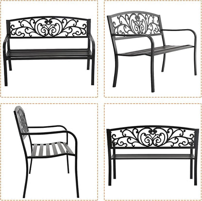 HCY 50 Inches Garden Bench Outdoor Metal Bench Patio Garden Bench Sturdy Steel Frame Furniture for Yard, Outdoor, Park, Porch, Entryway, Lawn,(Black)