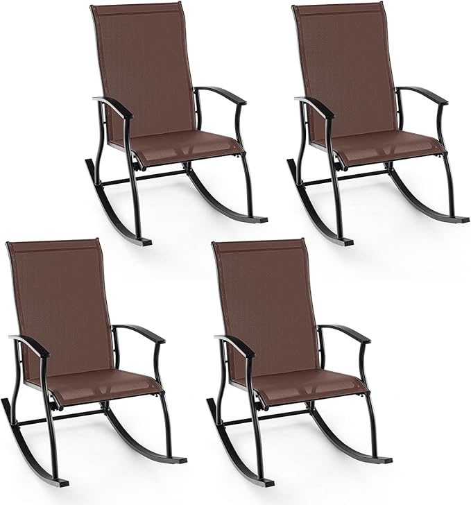 Giantex Outdoor Rocking Chair Set of 4 - Patio Rocking Chairs w/Breathable Backrest, Sturdy Metal Frame & Safe Ergonomic Design, Cozy Fabric Rocker for Backyard, Poolside, 330 lbs, Brown