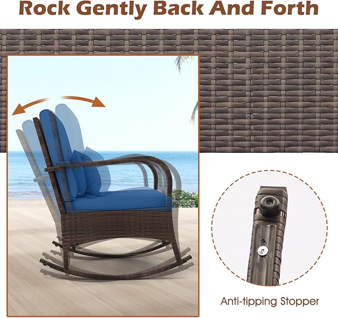 ORALNER 3 Pieces Patio Furniture Set, Outdoor Wicker Rocking Chairs with Cushions, Pillows, Glass Coffee Table - Photo 3