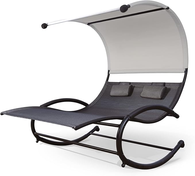 Double Chaise Lounge, Outdoor Bed Lounger with Sun Shade & Wheels, Double Lounge Chair with Canopy & Headrest Pillows for Patio, Yard, Lawn, Black