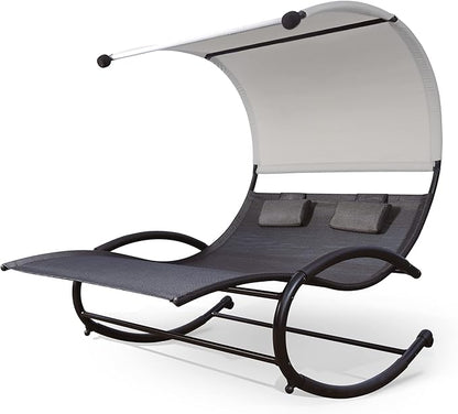 Double Chaise Lounge, Outdoor Bed Lounger with Sun Shade & Wheels, Double Lounge Chair with Canopy & Headrest Pillows for Patio, Yard, Lawn, Black