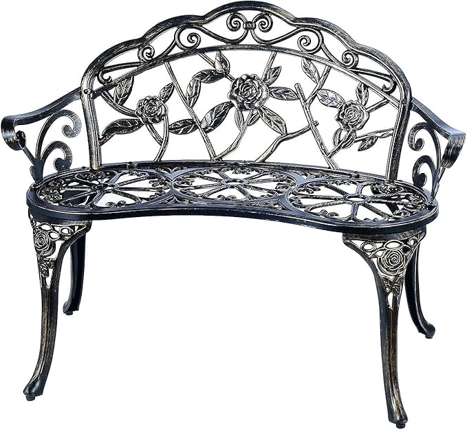 Outdoor Bench Park Garden Bench,All Chair Anti Rust Cast Aluminum Patio Yard Bench,Carved Rose Loveseat Bench for Backyard .Porch.Balcony.Lawn (Black)