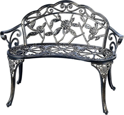 Outdoor Bench Park Garden Bench,All Chair Anti Rust Cast Aluminum Patio Yard Bench,Carved Rose Loveseat Bench for Backyard .Porch.Balcony.Lawn (Black)
