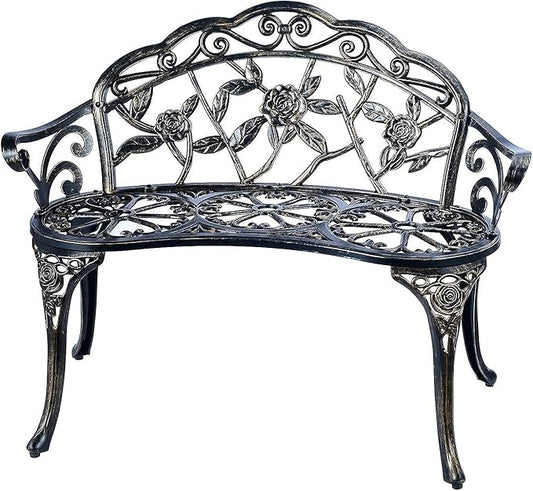 Outdoor Bench Park Garden Bench,All Chair Anti Rust Cast Aluminum Patio Yard Bench,Carved Rose Loveseat Bench for Backyard .Porch.Balcony.Lawn (Black)