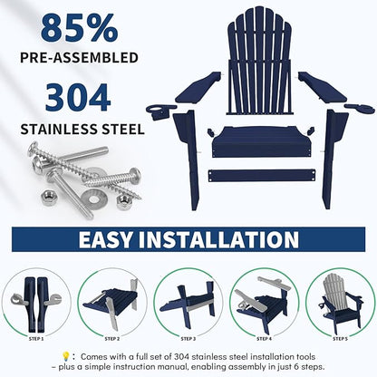 Plawdlik Folding Adirondack Chair Set of 2 with 2 Cup Holder,SGS Tested,Widened Heavy All-Weather HDPE Comfortable Seating,Wooden Textured, Ourdoor Patio Chairs,Navy Blue