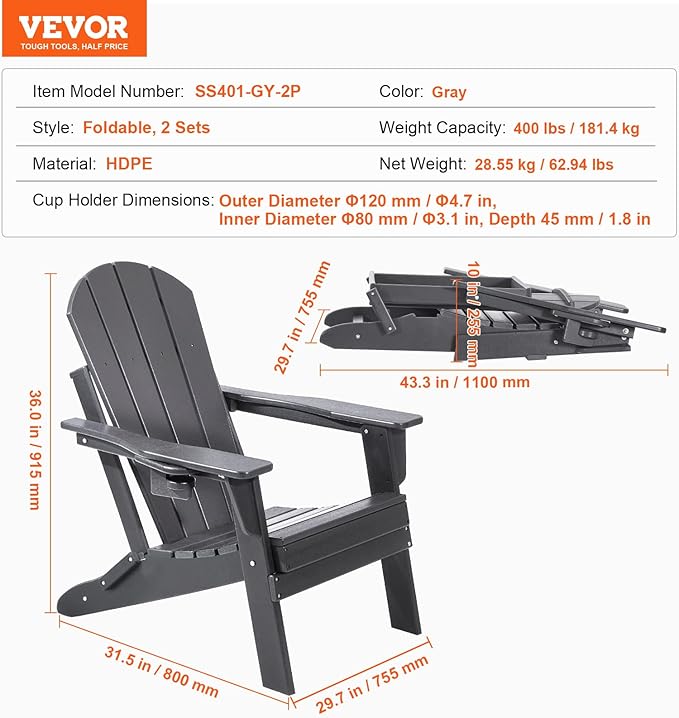 VEVOR Folding Adirondack Chairs Set of 2 with Cup Holder, All-Weather Portable Plastic Fire Pit Chair, Outdoor Adirondack Patio Chair, with Relaxing Arm Rest Ergonomic, for Garden, Backyard, Gray