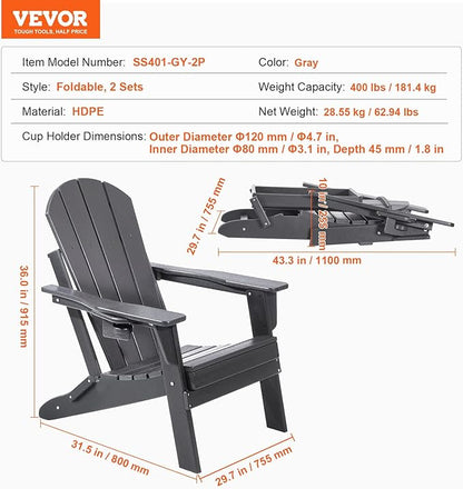 VEVOR Folding Adirondack Chairs Set of 2 with Cup Holder, All-Weather Portable Plastic Fire Pit Chair, Outdoor Adirondack Patio Chair, with Relaxing Arm Rest Ergonomic, for Garden, Backyard, Gray