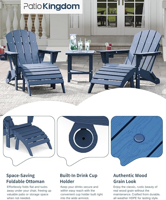 4-Piece Adirondack Chair with Footrest,Folding Adirondack Chair with Retractable Ottoman Set,HDPE All Weather Fire Pit Chair with Cup Holder(Navy Blue, 2 Chair & 2 footrest)