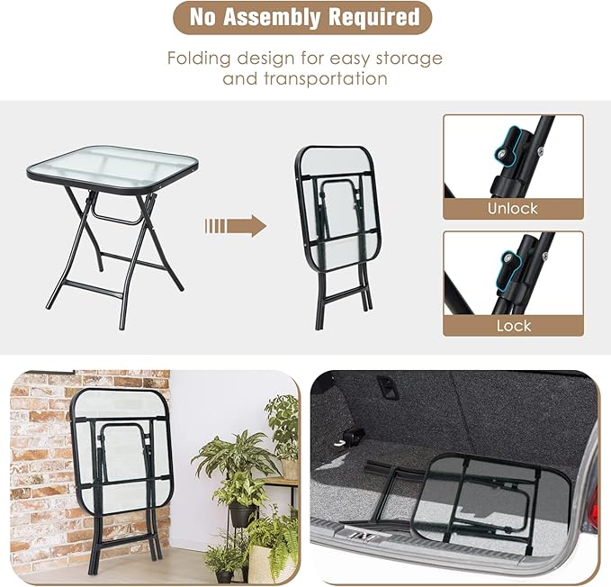 Tangkula Patio Bistro Table, 18" Square Glass Top Side Table with Rustproof Frame, Folding Coffee Table for Patio, Balcony, Backyard, Poolside(Black)
