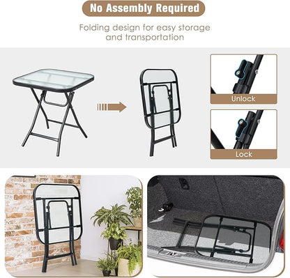 Tangkula Patio Bistro Table, 18" Square Glass Top Side Table with Rustproof Frame, Folding Coffee Table for Patio, Balcony, Backyard, Poolside(Black)