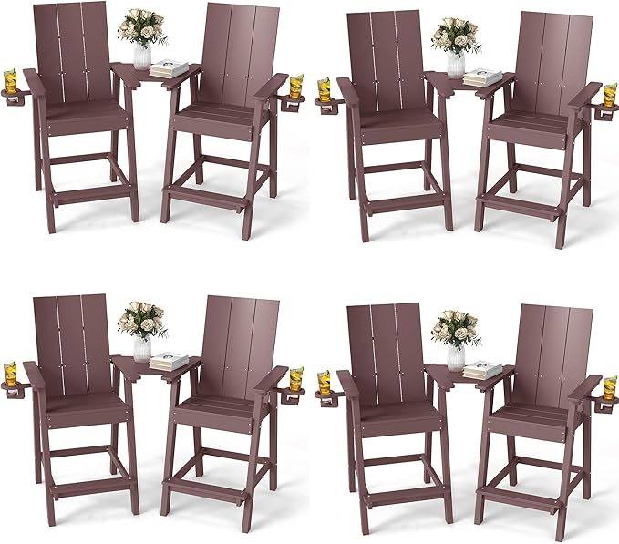 FOOWIN Tall Adirondack Chairs Set of 8,HDPE Adirondack Bar Stools with Connecting Tray & Cup Holders,Weather Resistant Balcony Chair for Outdoor Deck Lawn Pool Backyard Coffee