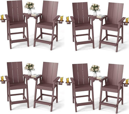 FOOWIN Tall Adirondack Chairs Set of 8,HDPE Adirondack Bar Stools with Connecting Tray & Cup Holders,Weather Resistant Balcony Chair for Outdoor Deck Lawn Pool Backyard Coffee