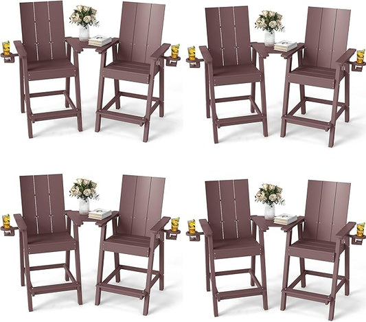 FOOWIN Tall Adirondack Chairs Set of 8,HDPE Adirondack Bar Stools with Connecting Tray & Cup Holders,Weather Resistant Balcony Chair for Outdoor Deck Lawn Pool Backyard Coffee