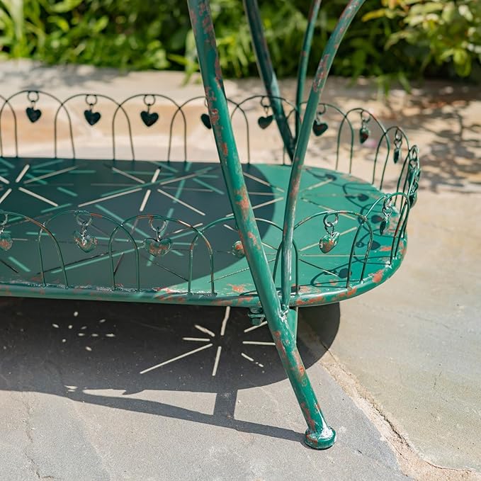 Zaer Ltd. Vintage Style Metal Patio Furniture with Heart Design Accents, Outdoor/Indoor Decor (Antique Green, Coffee Table)