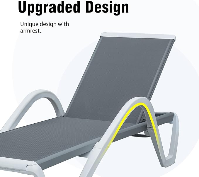 Domi Patio Chaise Lounge Outdoor Lounge Chair Adjustable Aluminum Pool Lounge Chair with Armrests, Durable Textilene, All Weather Poolside Lounger for Deck, Lawn, Garden, Gray