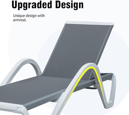 Domi Patio Chaise Lounge Outdoor Lounge Chair Adjustable Aluminum Pool Lounge Chair with Armrests, Durable Textilene, All Weather Poolside Lounger for Deck, Lawn, Garden, Gray