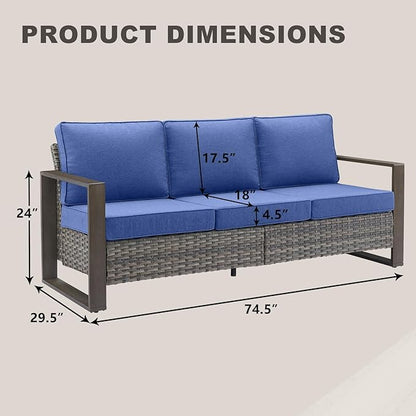 Rilyson Outdoor Couch Wicker Patio Sofa, Rattan Patio Furniture Sofa with Sturdy Frame,All-Weather PE Wicker,Wide Armrest,Deep Seating and Thick Cushions for Deck Porch Garden(Mixed Grey/Blue)