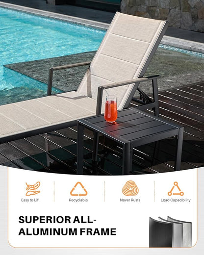2-Piece Outdoor Chaise Lounge Set, Never-Rust Aluminum Patio Lounge Chair with Side Table, Pool Lounger with 3D Ultra-Thick Textilene, Adjustable Backrest Sun Lounger for Poolside, Backyard