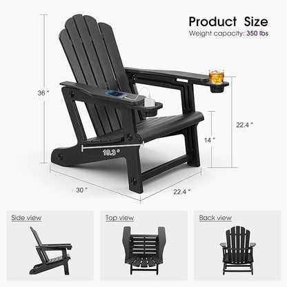 PURPLE LEAF Adirondack Chair Set of 2 HDPE All-Weather Outdoor Fire Pit Chair with 24.6" Oversized Seat Wood-Textured Patio Adirondack Chair with Dual Cup Holders for Garden Deck Backyard, Black
